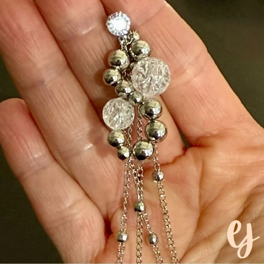Dione Long Fringe Silver Tone Chain Drop Earrings with Crystal Accents